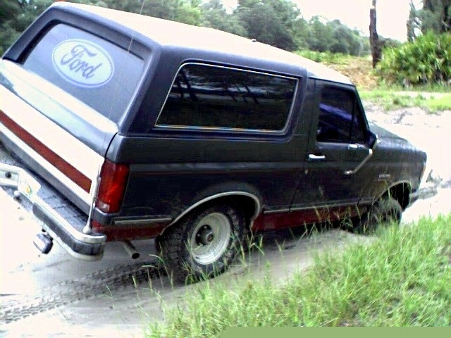 Dark blue and red Ford Bronco with a Ford logo on the rear window, stuck in sand and grass