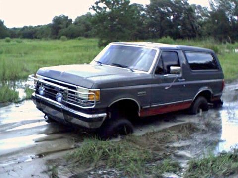 1991 Ford Bronco - This Ford Bronco is stuck in a muddy, grassy area with trees in the background.