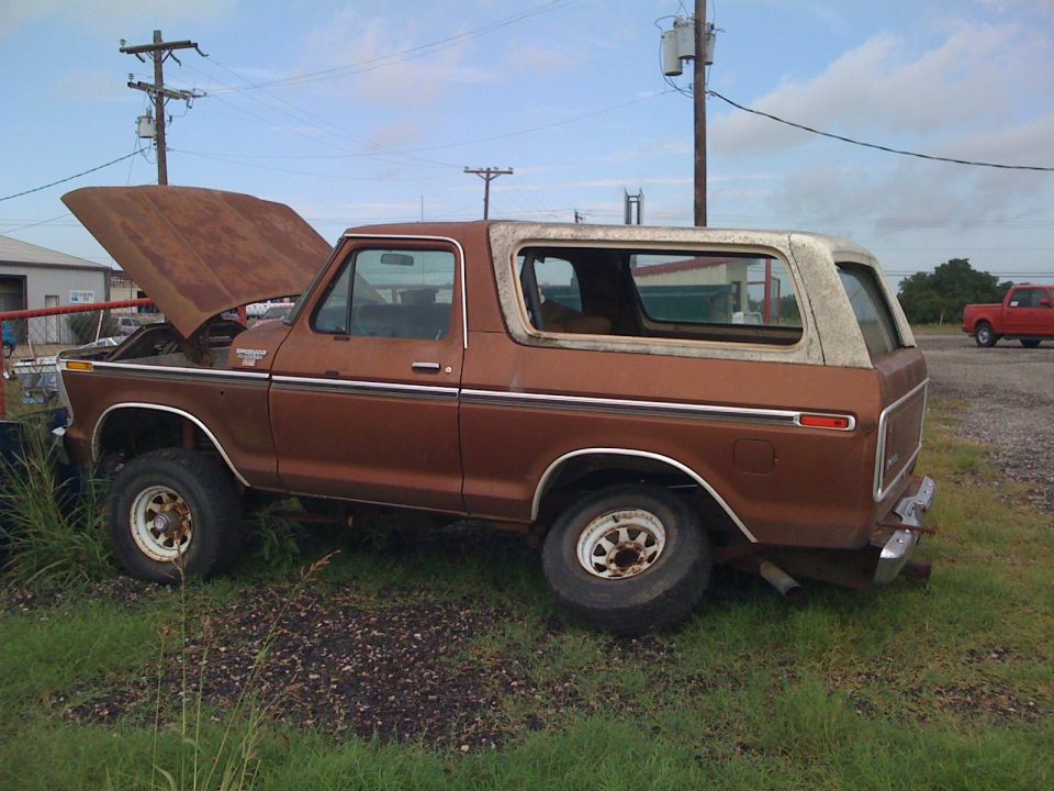 Brown Ford Bronco SUV, side view, white hardtop, hood open, parked on grass
