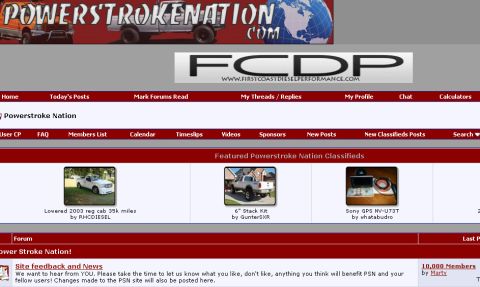 1978 Ford Bronco - A screenshot of the Powerstroke Nation website, displaying various navigation links and featured classifieds.