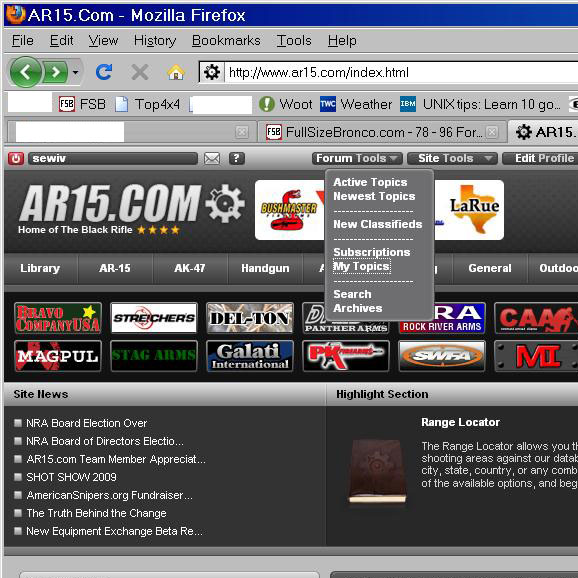Screenshot of AR15.com website with forum tools dropdown menu open