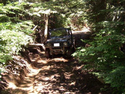 1988 Ford Bronco - A black off-road vehicle navigates a challenging muddy track through a dense forest.