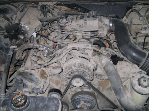1998 Ford Crown Victoria - Close-up view of a dirty engine compartment, showing various mechanical components and wiring.