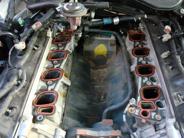 Engine intake manifold with red gaskets removed, showing ports