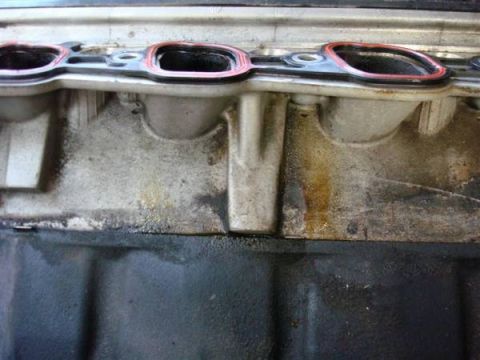 1998 Ford Crown Victoria - Close-up of an engine intake manifold gasket showing wear and sealant.