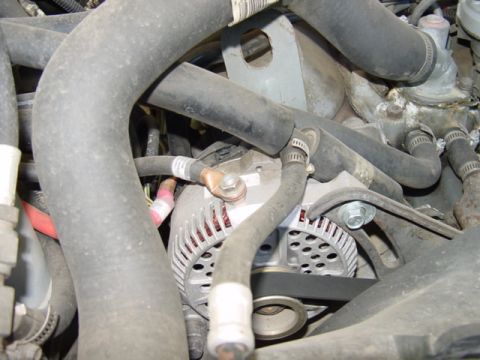 1989 Ford C-350 (Centurion Conversions) - Close-up view of the engine bay, focusing on the alternator and surrounding hoses.