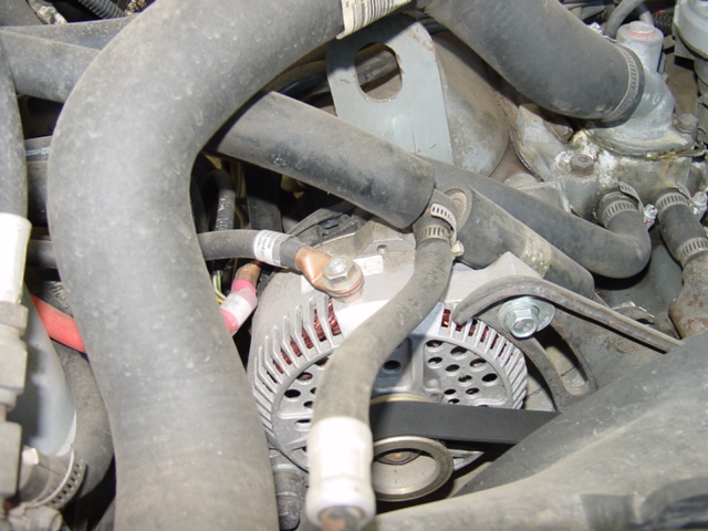 Silver alternator surrounded by black hoses and clamps in an engine bay