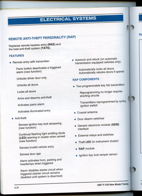 2007 Ford Mustang - 1997 F-150 New Model Training page documenting the Remote Anti-Theft Personality (RAP) system: replaces RKE and TATS, lists features and mo…