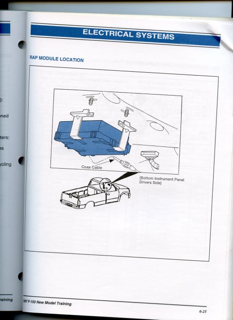 2007 Ford Mustang - Scanned service manual page locating the RAP module behind the lower instrument panel with coax cable detail and truck inset.