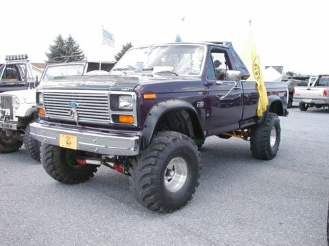 1994 Ford Bronco - This modified Ford pickup truck features a prominent grille and lifted suspension, parked alongside other vehicles.