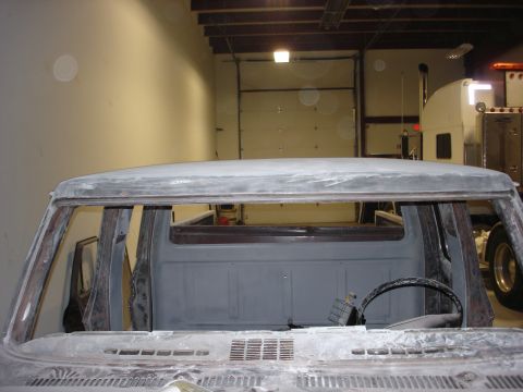 1979 Ford F-250 - This 1979 Ford F-250 crew cab is undergoing bodywork, showing its roofline and interior.