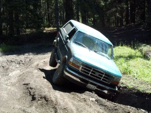 1982 Ford Bronco - Ford Bronco tackling a challenging dirt path during an off-road excursion.