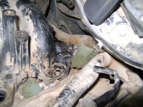 1998 Ford Crown Victoria - A close-up view of various engine bay components, including hoses and wiring, covered in dirt and grime.