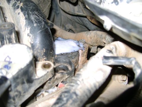 1998 Ford Crown Victoria - Engine bay detail showing parts and white sealant application.