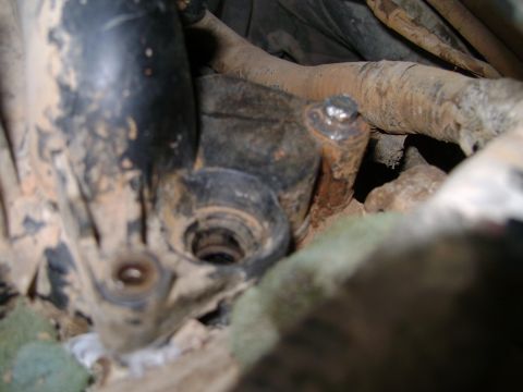 1998 Ford Crown Victoria - A close-up view of a dirty engine part, showing mechanical details and surrounding hoses.