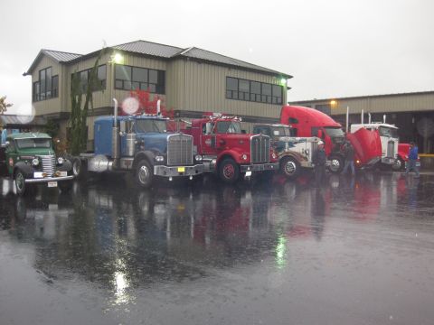 1981 Kenworth W900A - Multiple semi-trucks are parked in a line on a rainy day in front of a commercial building.