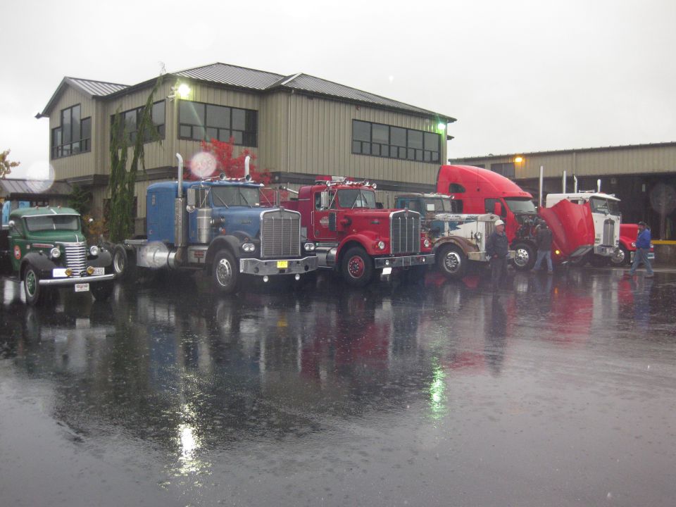 Several semi-trucks parked in a row on a wet, reflective surface in front of a building