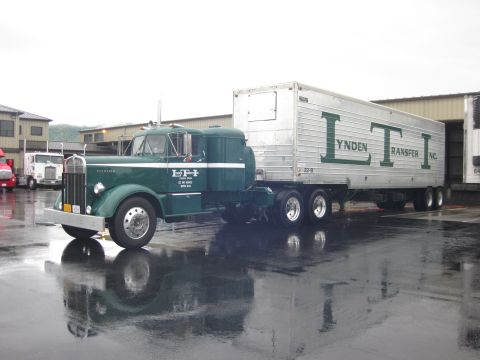 1981 Kenworth W900A - A green Kenworth truck and its trailer are parked on a wet surface, reflecting the vehicles and buildings.