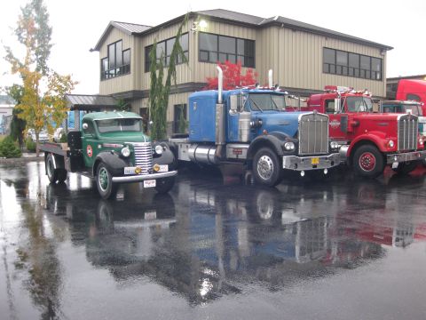 1981 Kenworth W900A - Three trucks of varying ages and colors are parked in front of a modern building on a wet day.
