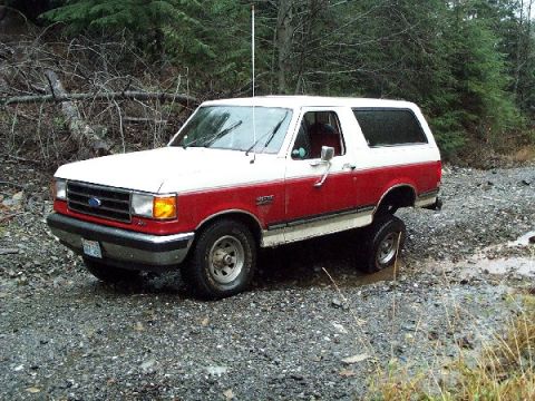 1982 Ford Bronco - This two-tone Ford Bronco is navigating a muddy, wooded terrain.