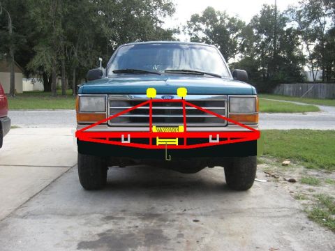 1992 Ford Explorer - Frontal view of a teal 1992 Ford Explorer equipped with a custom red winch bumper and auxiliary lighting.