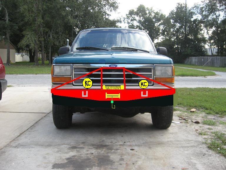 Green Ford Explorer front with red winch bumper and KC lights sketched on