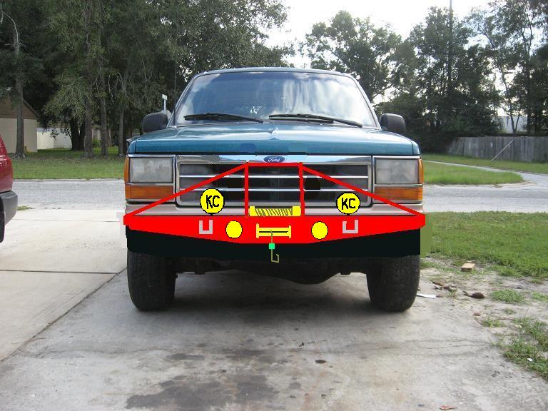 Teal 1992 Ford Explorer front view with red bull bar, KC lights, and winch