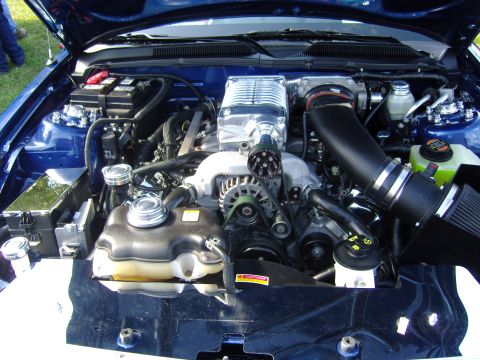 2007 Ford Mustang - Engine bay of a blue vehicle a polished supercharger and black intake system. The registry claims it is a 2007 Ford Mustang.