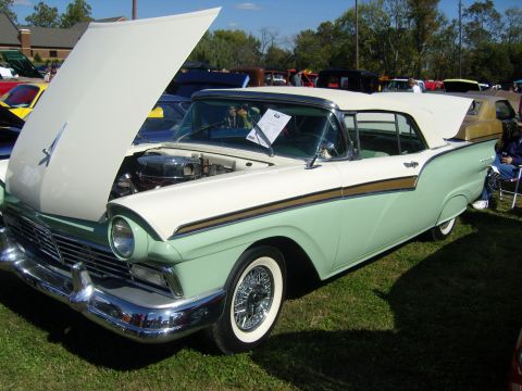 2007 Ford Mustang - Two-tone 1957 Ford Fairlane 500 convertible on display at a car show.