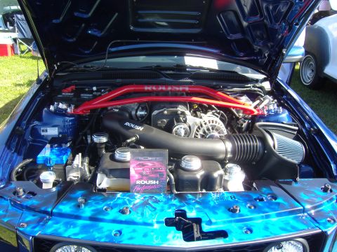 2007 Ford Mustang - The engine bay of a blue 2007 Ford Mustang features custom flame graphics and Roush performance parts.