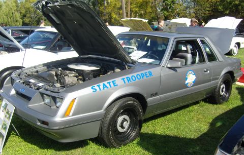 2007 Ford Mustang - This gray car is marked "STATE TROOPER" and has a "KENTUCKY POLICE" emblem on the door.