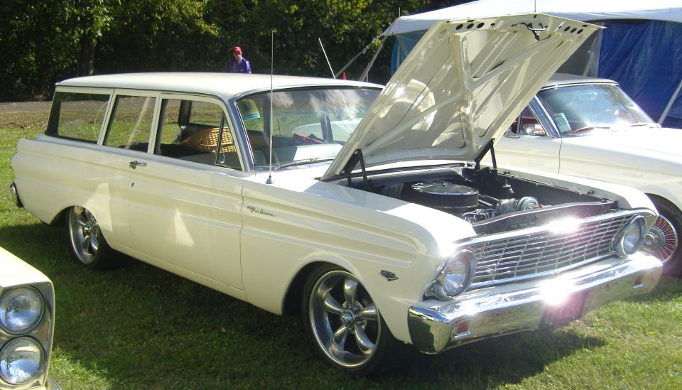 cream-colored station wagon, hood open showing engine, parked on grass next to another car