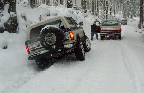 1982 Ford Bronco - Multiple trucks navigate a snowy forest road, with one Bronco stuck and being towed.