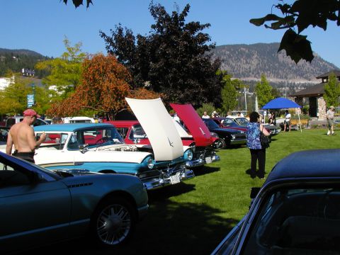 1967 Ford Ranchero - A row of classic cars, including a white and blue 1957 Ford Fairlane 500 Skyliner, are displayed with their hoods open at an outdoor event.