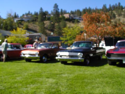 1967 Ford Ranchero - Several classic pickup trucks are displayed on a grassy field under a clear blue sky.