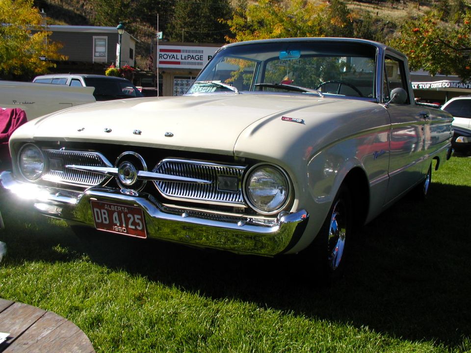 1960 Ford Falcon Ranchero front quarter view, cream color, Alberta license plate DB 4125