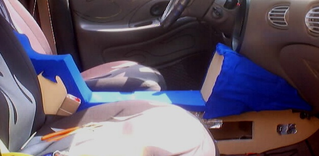 Interior view of a custom blue center console in a vehicle