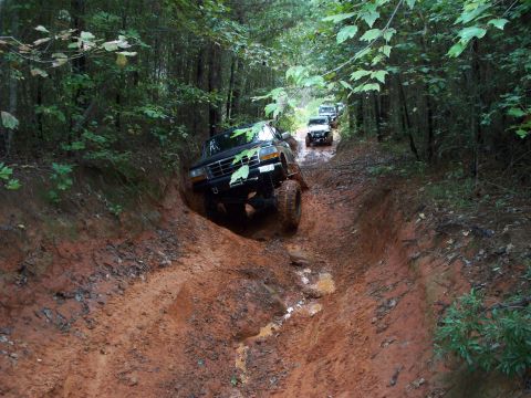 1995 Ford Bronco - Several off-road vehicles navigate a challenging muddy path through a dense forest.