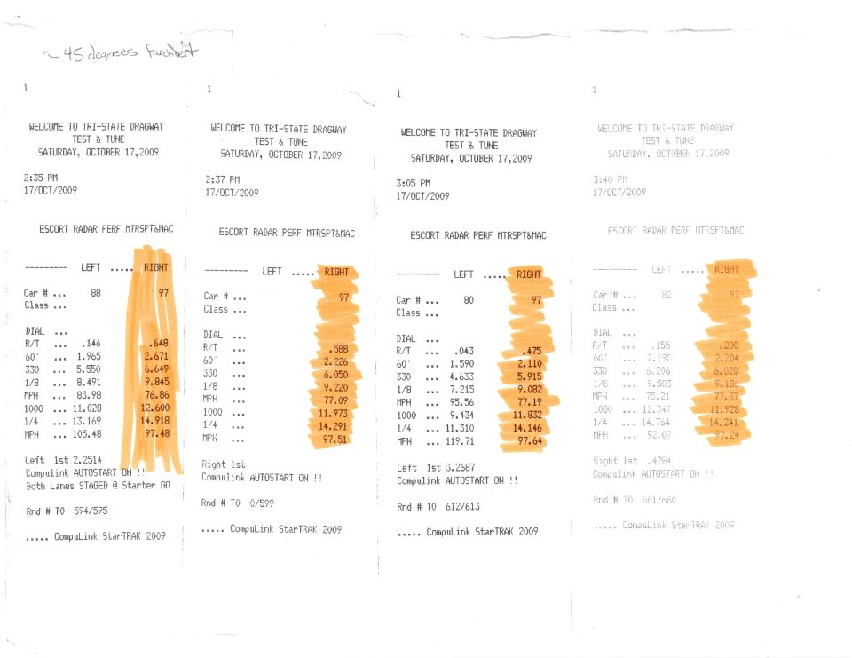 Four dragstrip timeslip receipts from Tri-State Dragway test and tune