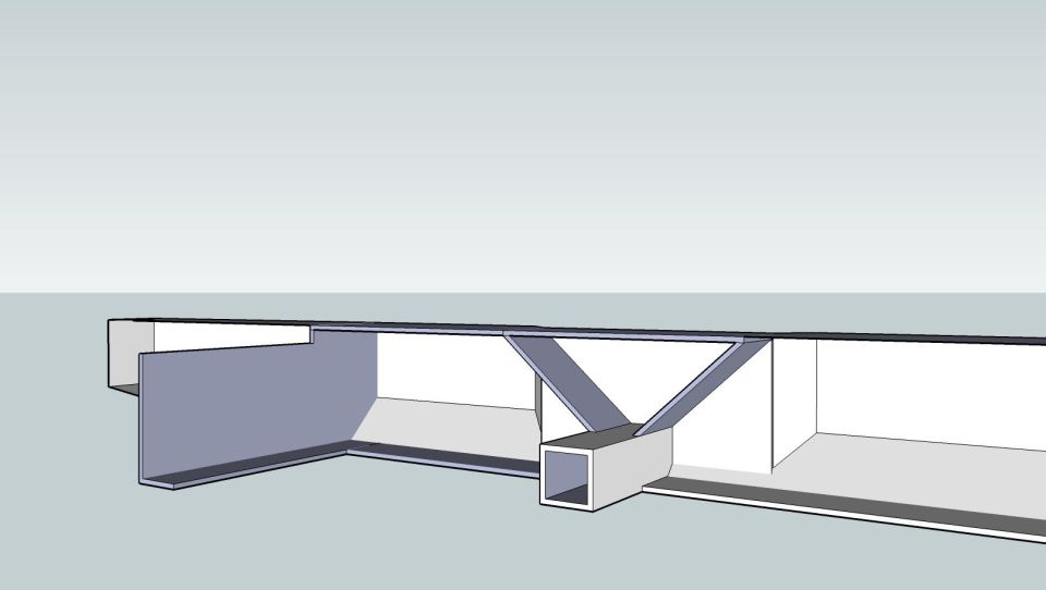 3D CAD render of a frame section with diagonal gusset and box tube, no dimensions