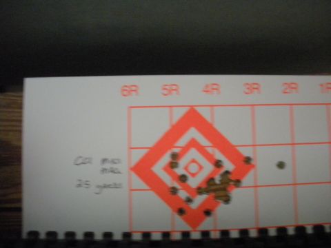 1996 Ford Bronco - Target paper shows bullet impacts and grid lines with handwritten notes about caliber and distance.