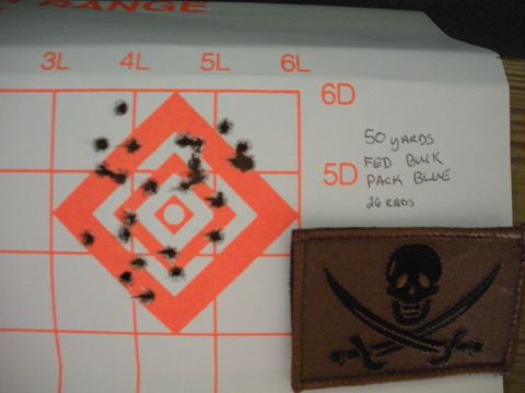 1996 Ford Bronco - A shooting target displays bullet impacts alongside handwritten ammunition details and a skull and crossbones patch.