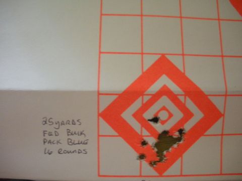 1996 Ford Bronco - A target shows bullet impacts and handwritten notes detailing the ammunition and distance.