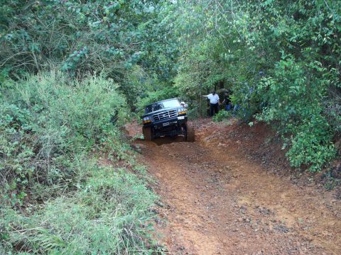 1995 Ford Bronco - A black Ford Bronco navigates a challenging dirt path through a dense forest, with onlookers observing from the side.