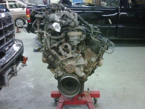 1996 Ford Bronco - Engine removed from a vehicle and placed on a stand for service, with other vehicles visible in the garage.