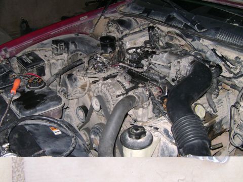 1998 Ford Crown Victoria - Close-up view of a car's engine bay, showing the intake manifold and alternator.