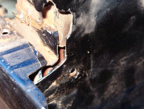 1983 Ford Bronco - The red brace is now attached to the rear (lower, inner) reinforcement, and it lies just under (forward of) the side reinforcement (rusty,…