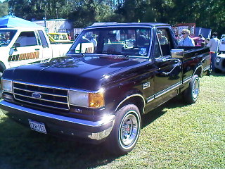 1990 Ford Bronco - A dark red 1987-1991 Ford F-150 pickup truck is parked on grass with other vehicles in the background.