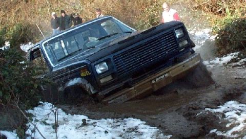 1982 Ford Bronco - Dark blue 1982 Ford Bronco is stuck in a muddy ditch with snow on the ground.