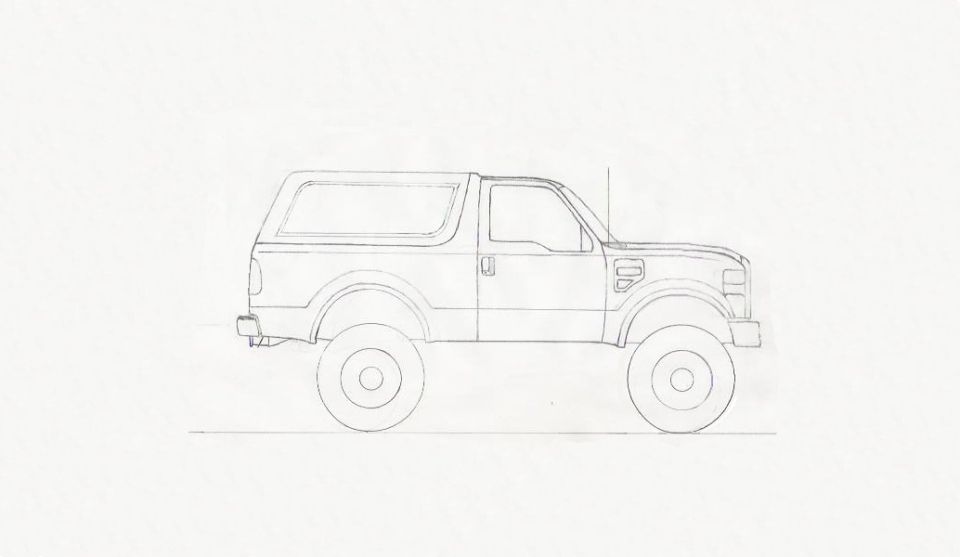 Pencil sketch of a lifted two-door Bronco-style SUV in side profile, uncolored line drawing